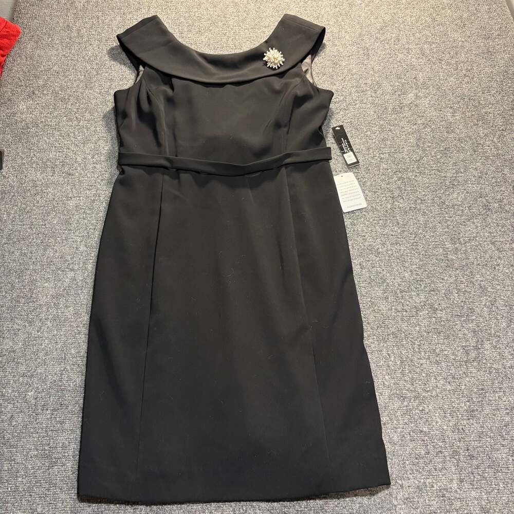 NWT Tahari Black Midi Sheath Dress Portrait Collar Brooch Holiday Party Size 16